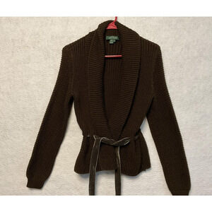 Lauren Ralph Lauren Sweater Womens Small Brown Belted Shawl Collar Open Front